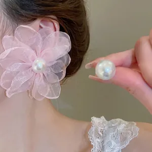 Pink chiffon flower earrings with white pearls for a sweet and romantic floral jewelry look