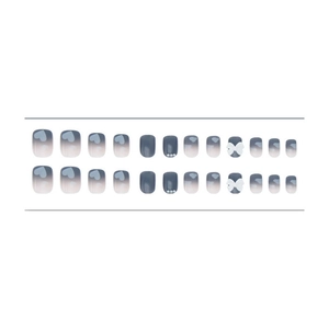 Blue gradient press-on nails with 3D white bows, pearls, and heart patterns