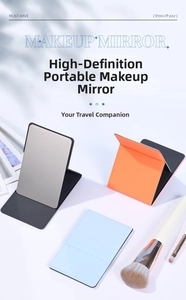 Three-fold PU leather makeup mirrors in orange, blue, and black with high-definition glass