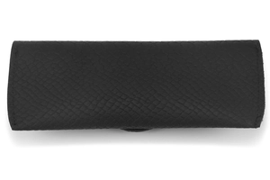 Detail of black faux snakeskin leather eyeglass case with fine stitching and soft texture