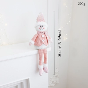 Pink plush snowman decoration sitting on fireplace, measures 50cm tall and weighs 300g