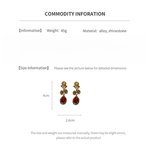 Detailed chart showing vintage rhinestone bow earrings size, 45g weight and alloy material