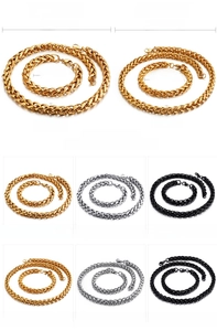 Detail of 8mm and 10mm titanium steel wheat chains in gold, silver, and black finishes