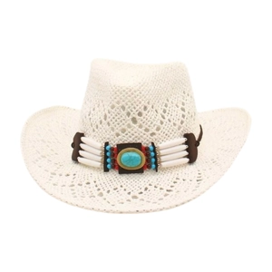 White woven cowboy hat with turquoise centerpiece and decorative beads on brim