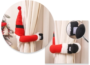 Detailed close-up of a Christmas gnome curtain buckle with a red hat and velcro fastener