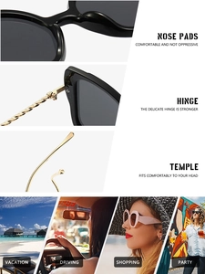 Detail view of cat-eye sunglasses with gold twisted metal temples and scene usage