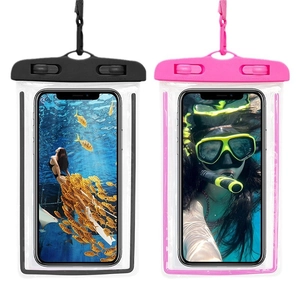 Waterproof phone pouches in black and pink with clear touch screen for outdoor swimming