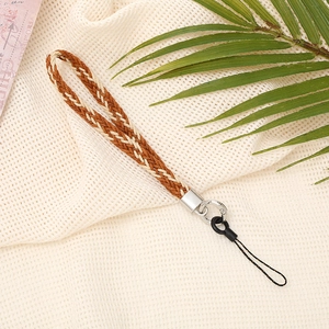 Handmade woven phone wrist strap in brown and beige with silver metal clasp