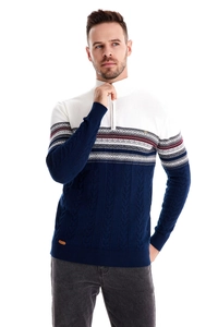 Detail of men's half-zip knit sweater with Nordic geometric pattern and stand collar