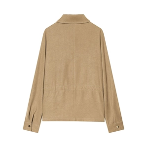 Back view of a khaki drawstring jacket for women, featuring a classic corduroy texture