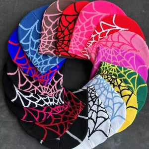 Beanie Hat Knitted Spider Web Pattern Warm Winter Acrylic Spandex Jacquard Hip Hop Streetwear Goth Cap Unisex