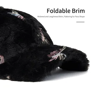 Plush floral embroidery baseball cap for women with foldable brim in black finish
