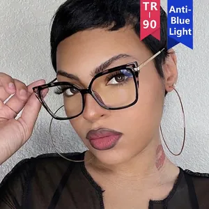 Women Anti Blue Light Blocking Glasses Square Cat Eye Large Frame TR90 Metal Material Retro Optical Eyeglasses Frame