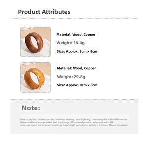 Detail view of retro wooden bangles with brass rivets including size and weight specs