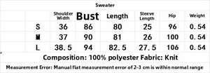 Detailed size chart for the V-neck knit mini dress showing measurements in centimeters