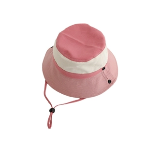 Kids minimalist color-block bucket hat in pink and beige with adjustable windproof drawstring