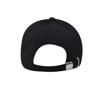 Detail of adjustable silver metal buckle and strap on back of black cotton baseball cap