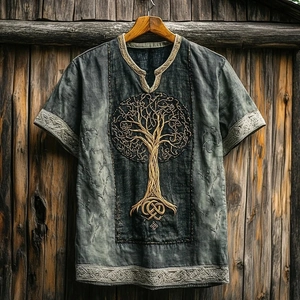 Detail of Viking tree embroidery on grey-blue short sleeve shirt with V-neck design