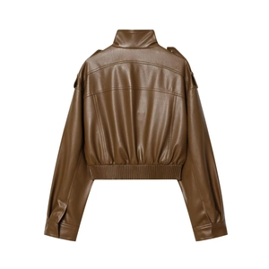 Detail of brown faux leather jacket featuring stand collar and elasticized hem texture