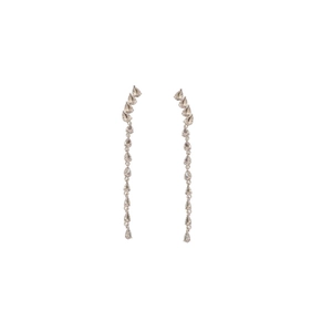 Elegant silver long tassel drop earrings with sparkling teardrop zircon crystals