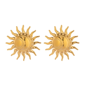 Macro detail of geometric sun-shaped earrings in polished gold stainless steel finish