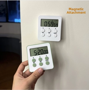 Digital magnetic timer showing back-side magnetic attachment on wall and handheld use