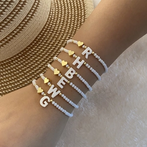 Women White Crystal Shell Beaded Bracelet Alphabet Initial Letter Gold Heart Charm Stainless Steel Copper Jewelry