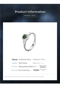 Detailed specs of S925 sterling silver sunflower ring with 0.5ct green moissanite