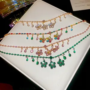Colorful zircon flower and waterdrop fringe necklace set in multiple color styles
