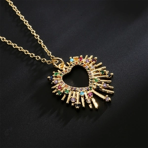 18K gold plated necklace with heart pendant and colorful zircons on black background