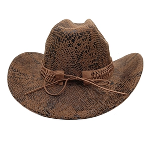 Detail of brown cowboy hat featuring snake print pattern and woven leather decorative band