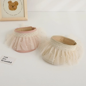 Toddler straw sun visor hat with lace trim and pearls in pink and beige colors