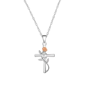 S925 sterling silver cross necklace with rose gold flower pendant and zircon stone