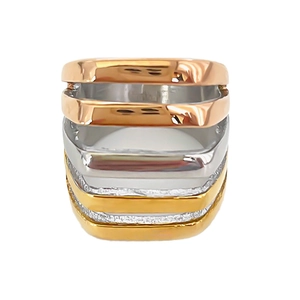 Polished three-tone stainless steel wide band ring with layered gold and silver stripes