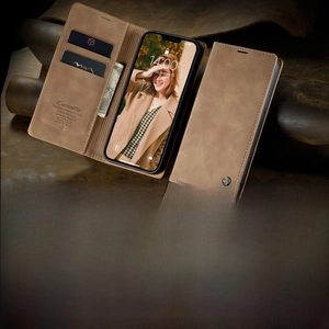 Brown retro business flip leather wallet case with card slots and viewing stand feature
