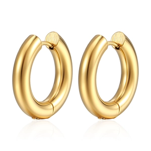 Polished gold stainless steel hoop earrings with mirror reflection on white background