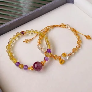 Natural Gemstone Beaded Bracelet Yellow Rutilated Quartz Amethyst White Crystal Copper Zircon Lotus Pendant Adjustable Cord