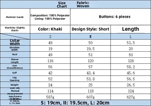 Detailed size chart for women suede short jacket showing dimensions from S to L