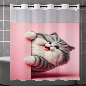 Detailed view of pink waffle shower curtain featuring a 3D cartoon cat print design