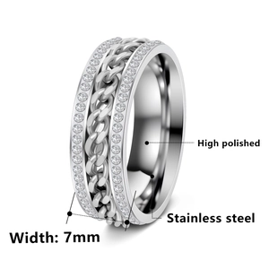 Bague spinner 7mm en acier argenté avec chaîne rotative et double rangée de cristaux