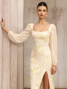 Elegant beige floral embroidery evening dress with square neck and slit detail