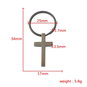 Gunmetal stainless steel cross keychain with dimensions of 54mm and 25mm ring