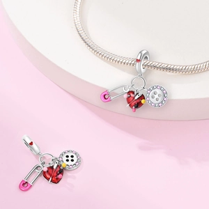 S925 silver sewing charm set with pink safety pin and red heart on snake chain