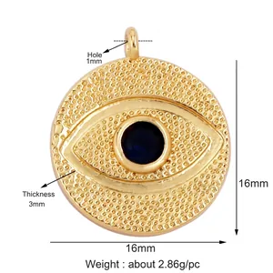 Macro detail of 16mm Evil Eye charm showing size dimensions and golden texture details