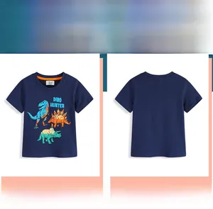 Detail showing the navy dinosaur T-shirt with orange neck trim and dino hunter prints