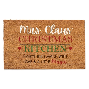 Christmas kitchen doormat made of natural coir fiber with Mrs. Claus themed lettering