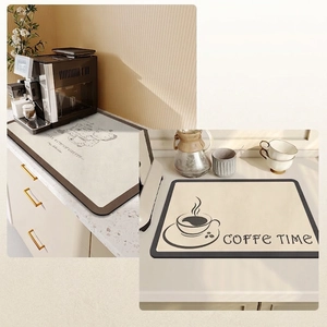 Absorbent coffee machine mat with decorative leather finish and vintage coffee theme print