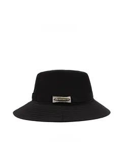 Detail of black outdoor bucket hat with vintage mountain patch and reinforced stitching