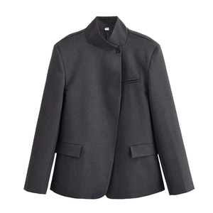 Blazer Femme Et Pantalon Large À Rayures Col Montant Asymétrique Fermeture À Bouton Polyester Professionnel Gris