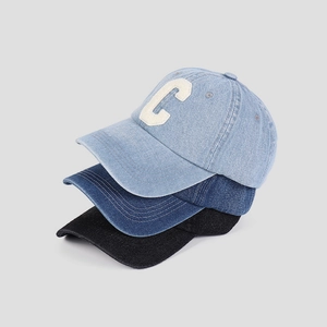 Three-color vintage denim baseball caps with beige letter C patch embroidery